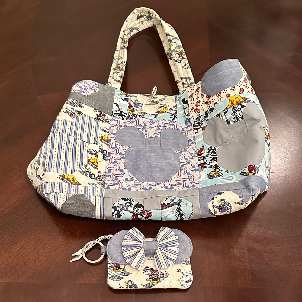 Patchwork Ski Mickey Tote Bag in Light Blue and Gray with Matching Cardholder